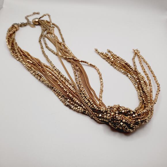 Chico’s Gold Tone 9-Strand Knotted Tassel Necklace, 26", Statement Piece - Picture 3 of 11